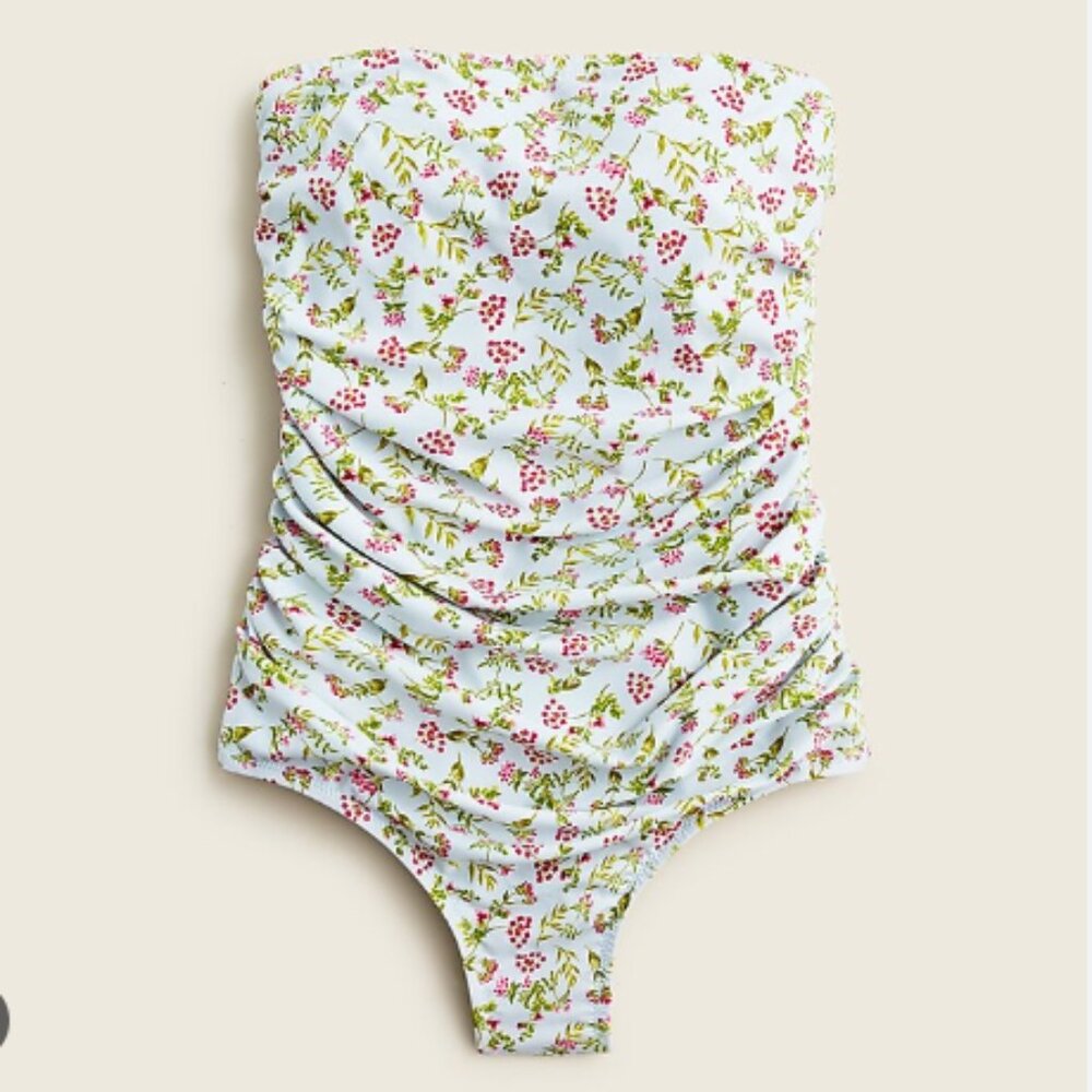 J. Crew Floral Gemma ruched bandeau Swimsuit with strapless or halter top, large
